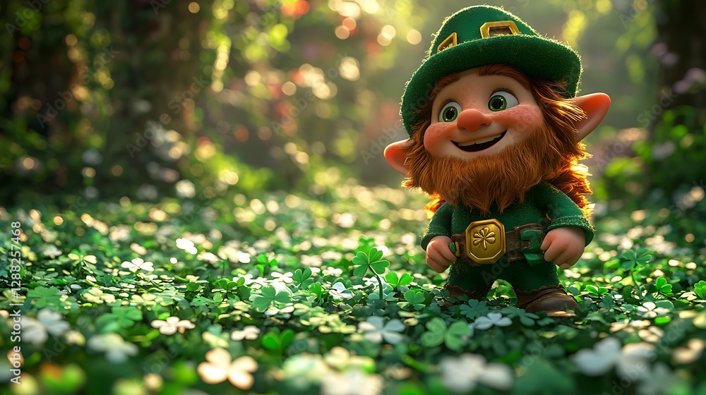 Whimsical Figure in Green Standing Among Clovers in a Lush Forest Whimsical Figure in Green Standing Among Clovers in a Lush Forest