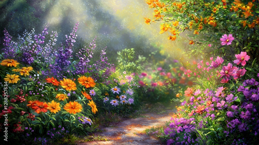 Sunlit Path Through a Vibrant Flower Garden Sunlit Path Through a Vibrant Flower Garden