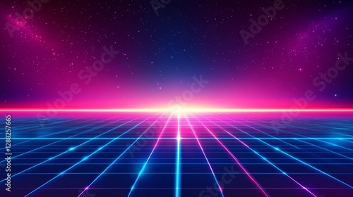 Retro Futuristic Background with Neon Grid and Starry Night Sky