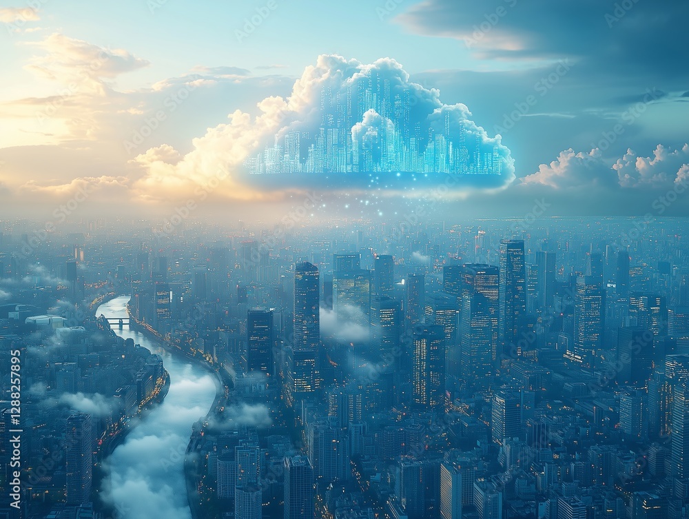 Fototapeta premium A digital cloud symbolizing modern technology connects data circuits, in the big city background.