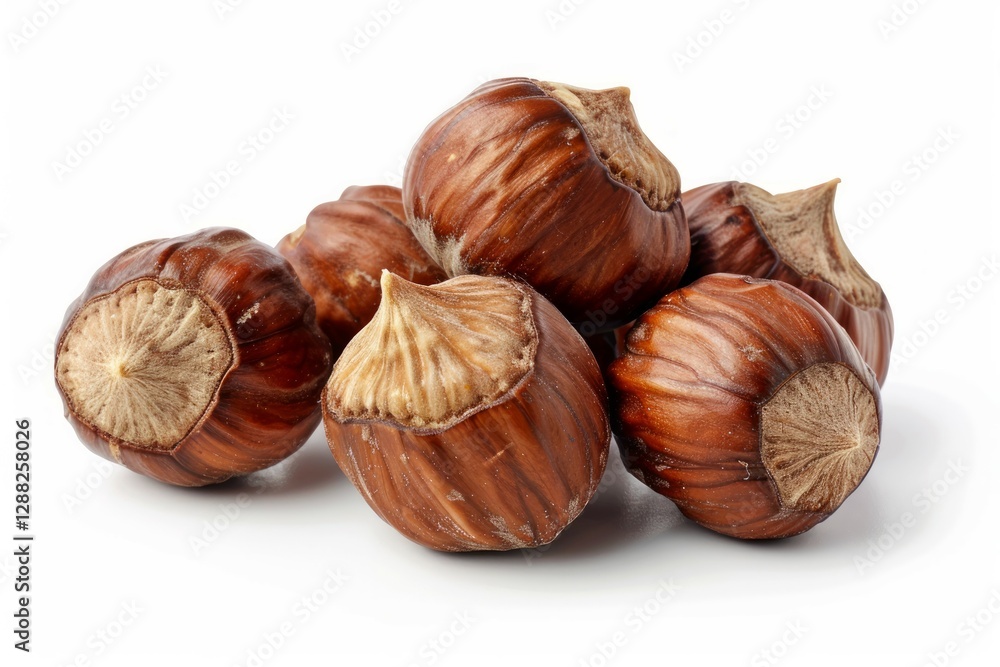 Close-up of hazelnuts on solid white background. Neural network AI generated Close-up of hazelnuts on solid white background. Neural network AI generated