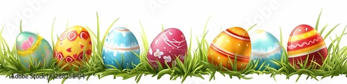 Isolated Vector Border Featuring Easter Eggs and Bunny Ears on Grass