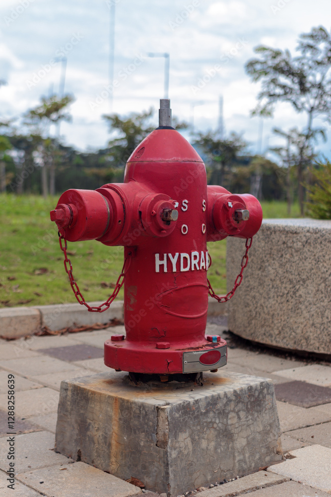 Red Fire Hydrant on Concrete Base in Outdoor Public Park Red Fire Hydrant on Concrete Base in Outdoor Public Park