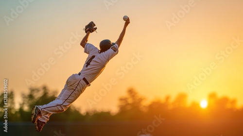 Baseball outfielder making a diving catch at sunset in a golden light