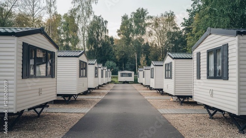 A row of identical white mobile homes with dark trim line both sides of a paved path leading to a single mobile home at the far end, against a backdrop of tall trees