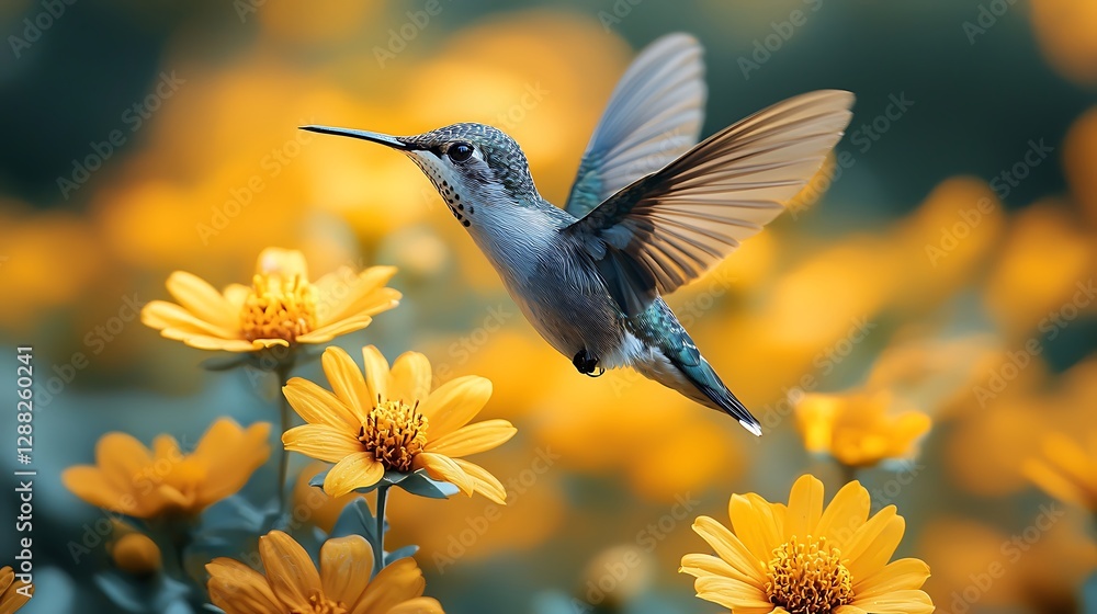 Naklejka premium Hummingbird feeding on flowers garden wildlife photography bright environment close-up nature beauty