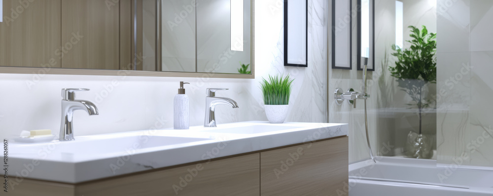 Modern bathroom with elegant fixtures, double sink, and stylish decor. serene atmosphere is enhanced by natural elements like plants and soft lighting Modern bathroom with elegant fixtures, double sink, and stylish decor. serene atmosphere is enhanced by natural elements like plants and soft lighting
