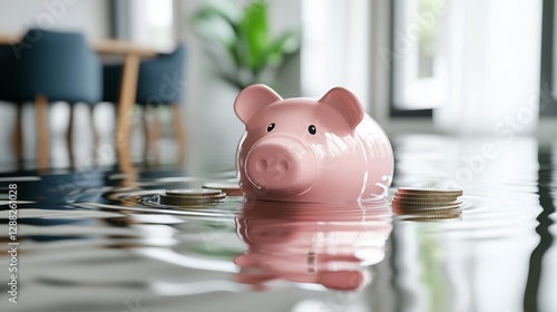Flooded home, piggy bank, financial loss, water damage, insurance claim, home interior