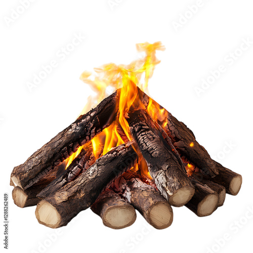 A Vibrant Orange Flame Rising from a Pile of Logs Isolated on Transparent Background