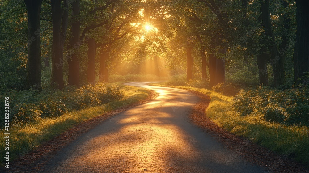 Obraz premium Golden Sunlight Path Through Forest