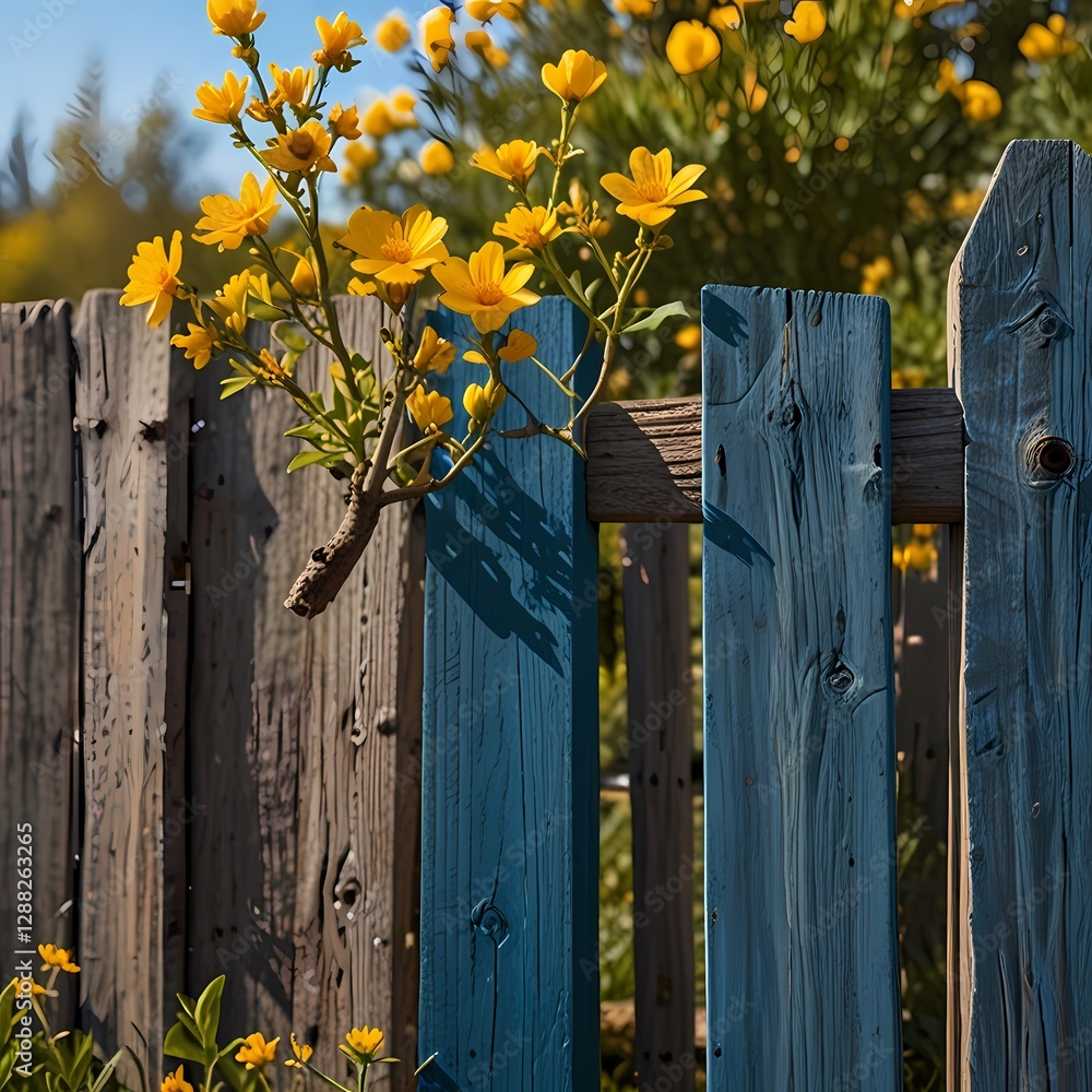 Fototapeta premium Old wooden fence with yellow flowers and ivy in a garden