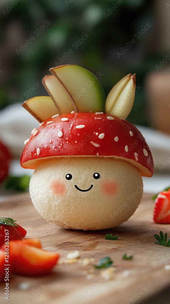 Cute smiling fruit mushroom with creative food art design Cute smiling fruit mushroom with creative food art design