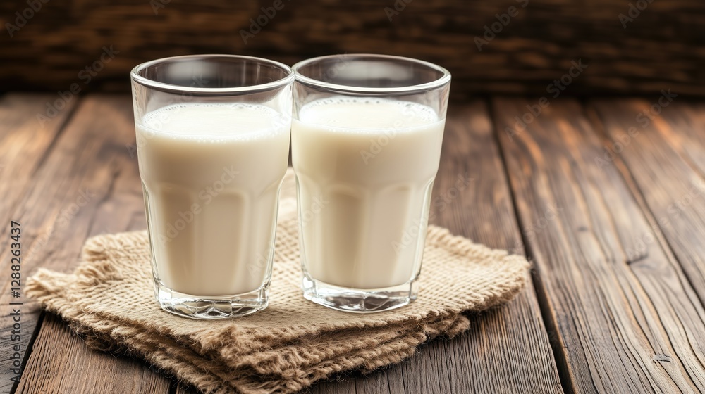 Two glasses of milk on rustic wooden table with burlap napkin Two glasses of milk on rustic wooden table with burlap napkin