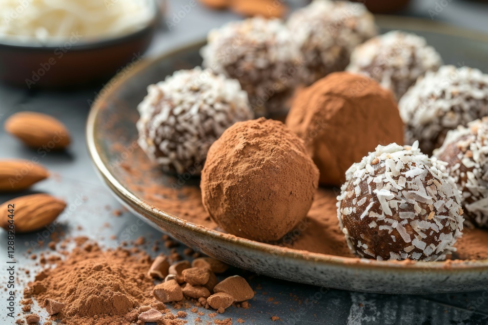 Coconut almond bliss balls on rustic plate. Neural network AI generated Coconut almond bliss balls on rustic plate. Neural network AI generated