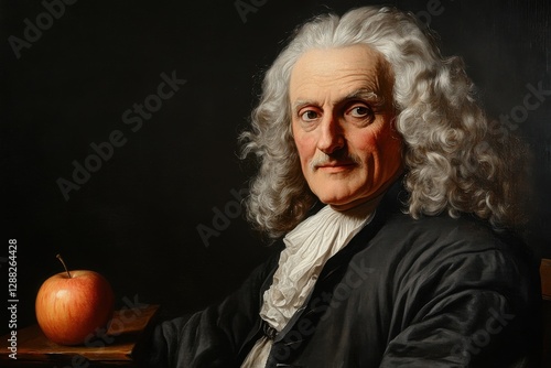 Portrait of an Influential Historical Figure with Grey Hair and an Apple on a Table