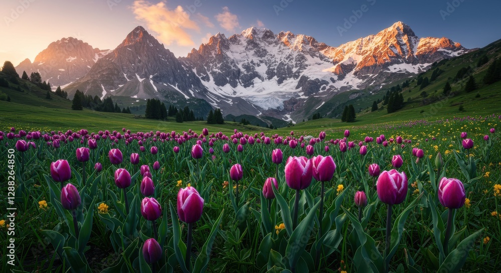 Fototapeta premium Vibrant purple tulips bloom in a lush valley surrounded by majestic snow-capped mountains at sunset