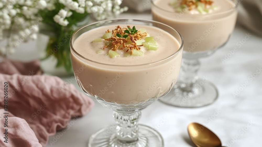 Creamy Dessert in Glass Cups with Toppings and Fresh Garnish Creamy Dessert in Glass Cups with Toppings and Fresh Garnish