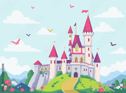 Wallpaper Mural Dreamy Fairytale Castle Scene - Vibrant Vector Graphics for Kids' Tales Torontodigital.ca