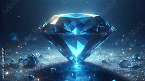 abstract shiny bright big transparent blue diamond gemstone in an abstract dark fantasy background