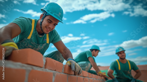 Construction workers in Brazil skillfully building a brick wall at a school with vibrant blue skies above
