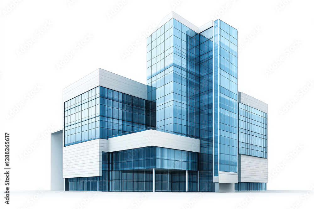 Modern high-rise office building with large windows in 3D on white background Modern high-rise office building with large windows in 3D on white background