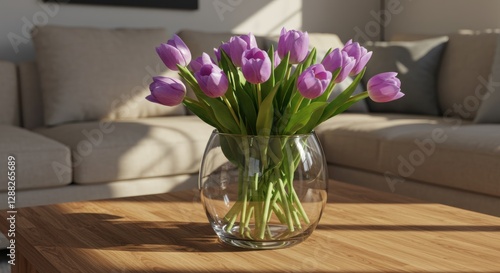 A vibrant bouquet of purple tulips in a glass vase on a wooden coffee table in a cozy living room