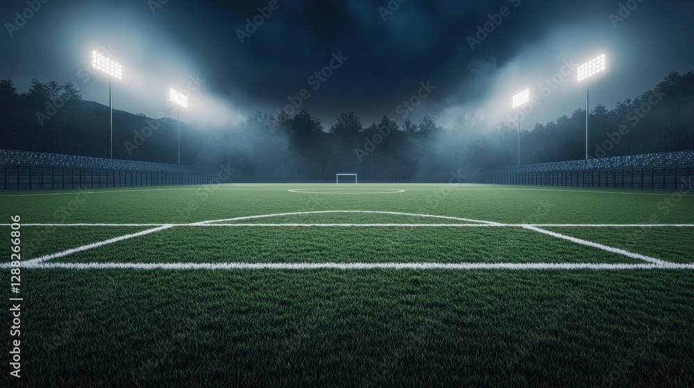Nighttime Soccer Field with Floodlights and Foggy Atmosphere Nighttime Soccer Field with Floodlights and Foggy Atmosphere