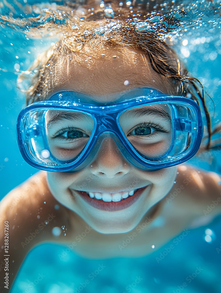 Fototapeta premium Kid enjoying swimming with goggles in clear water