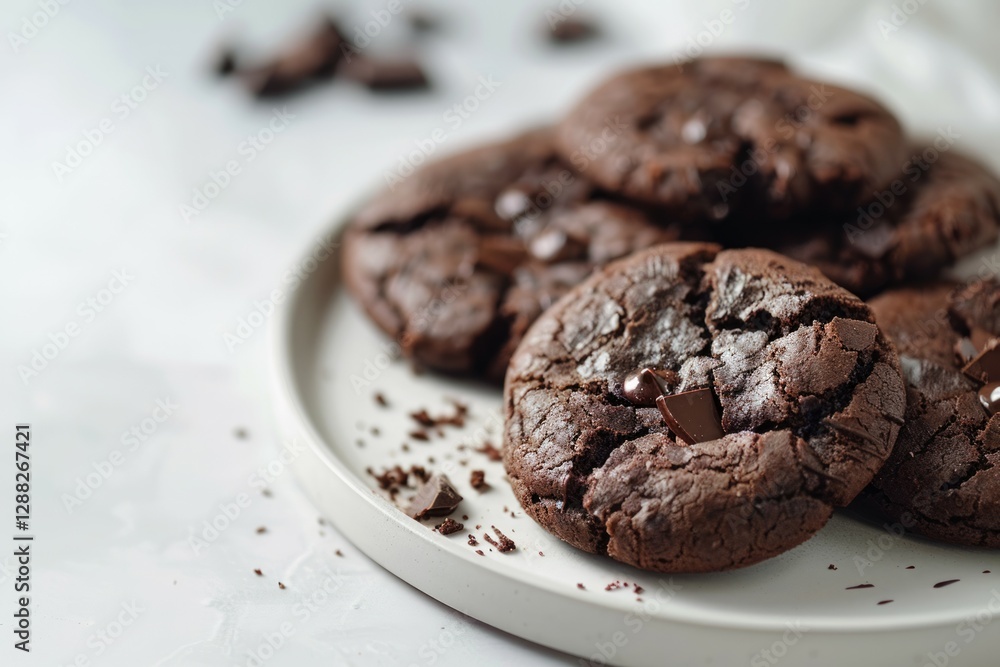Close-up of melted chocolate cookies on white plate. Neural network AI generated Close-up of melted chocolate cookies on white plate. Neural network AI generated