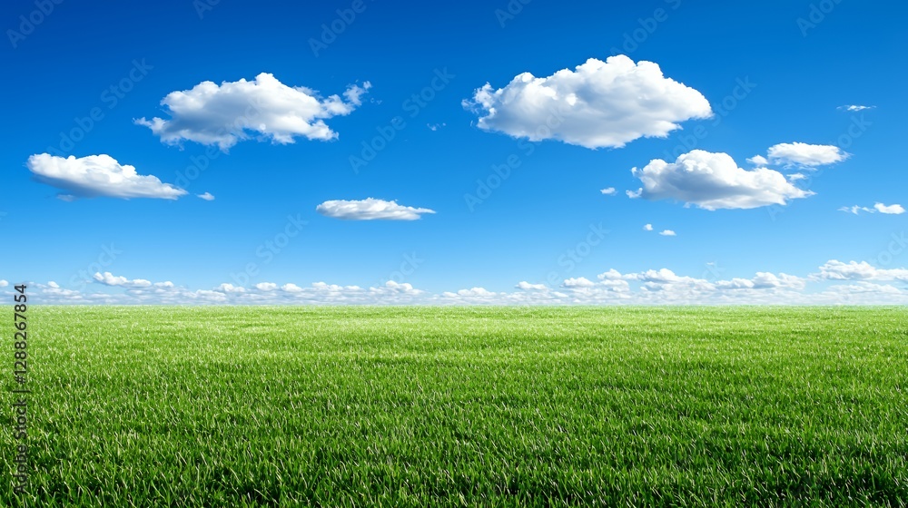 Bright Green Field Under Blue Sky With Fluffy White Clouds Bright Green Field Under Blue Sky With Fluffy White Clouds