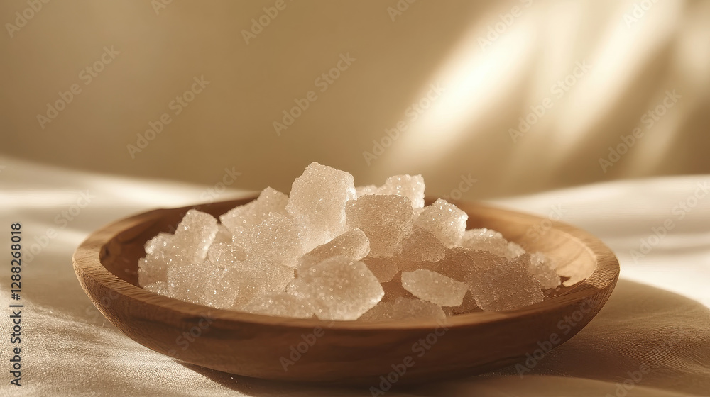 A minimalist composition featuring a small, handcrafted wooden plate with a scattering of coarse, amber sugar crystals A minimalist composition featuring a small, handcrafted wooden plate with a scattering of coarse, amber sugar crystals