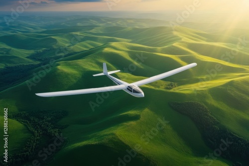 Aerobatics on a glider an elegant white glider over green hills, wings reflecting sunlight. Tranquility, harmony, height. 