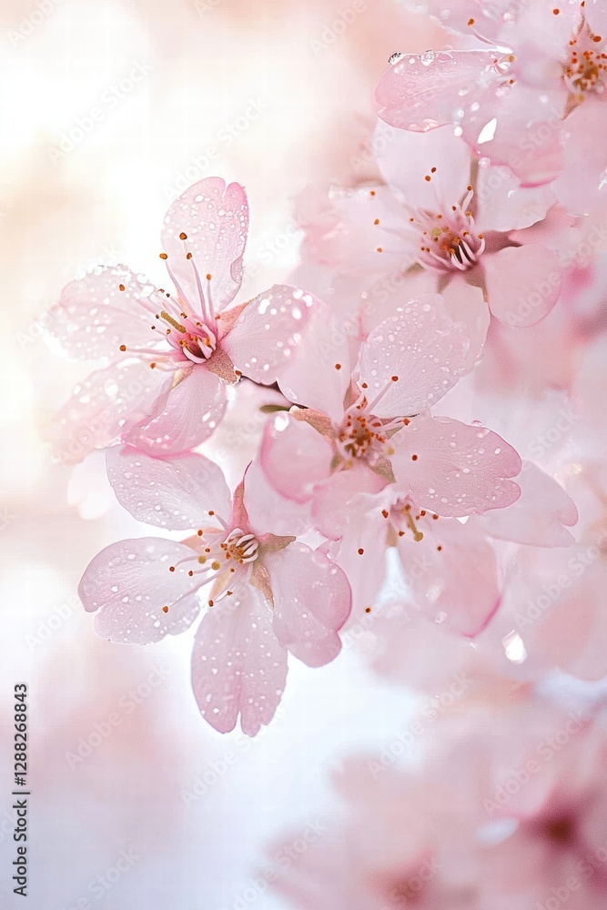 Naklejka premium Stunning cherry blossoms adorned with dew, symbolizing beauty and the fleeting nature of life in springtime.