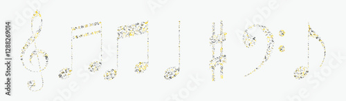Set of vector musical symbols made of smaller music notes and icons. Abstract decorative collection of music elements for posters, banners, and graphic design