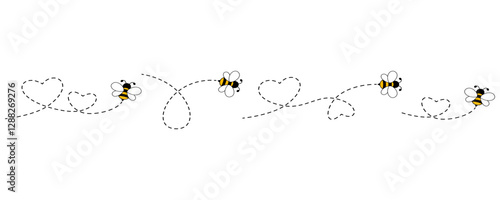Cartoon bee icon set. Bee flying on a dotted route isolated on the white background. Vector illustration.