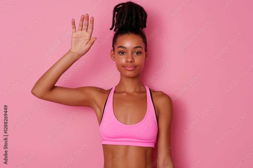 Skinny woman in yoga outfit waving on pastel pink background, weight loss fitness concept Skinny woman in yoga outfit waving on pastel pink background, weight loss fitness concept