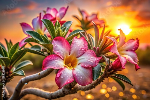 Desert Rose Blooming at Sunrise, Adenium Obesum Flower in Soft Morning Light