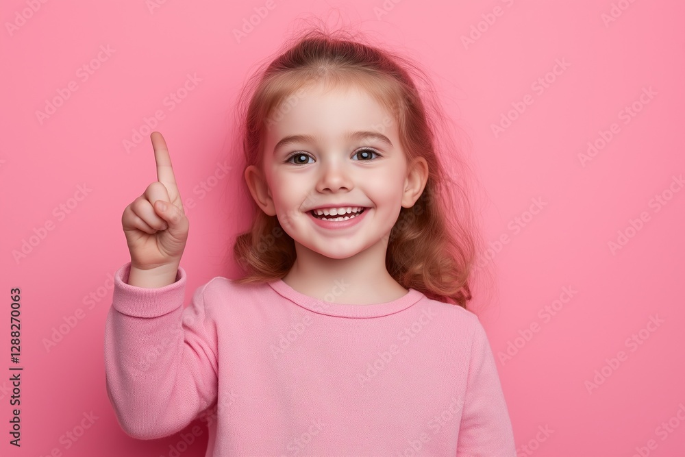 smiling charming cheerful girl pointing with her index finger on pastel pink background smiling charming cheerful girl pointing with her index finger on pastel pink background