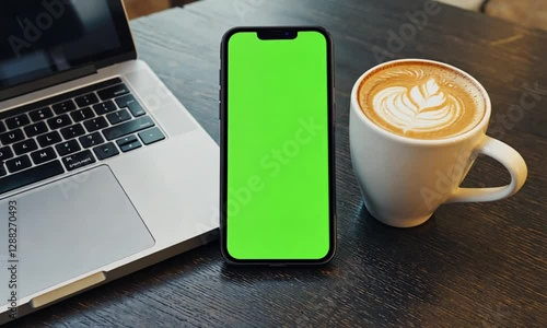Laptop, phone with green screen, and coffee with latte art on a dark wooden table.