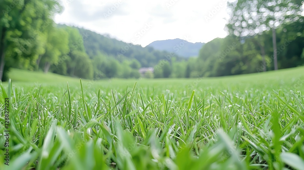 Fototapeta premium Lush green grass, mountain view, summer day, idyllic landscape, nature background