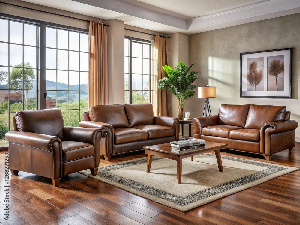 Fototapeta premium Luxurious Brown Leather Seating Set: Elegant Living Room Furniture