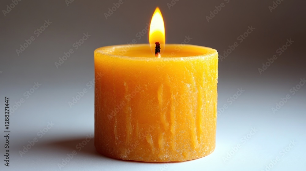 Single yellow candle burning on white surface Single yellow candle burning on white surface