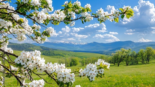 Wallpaper Mural White Blossoms and Mountain Landscape in Spring Torontodigital.ca