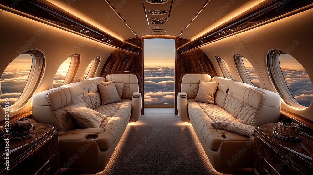 Fototapeta premium Luxury Private Jet Interior Cloudscape View Business Class Air Travel Design