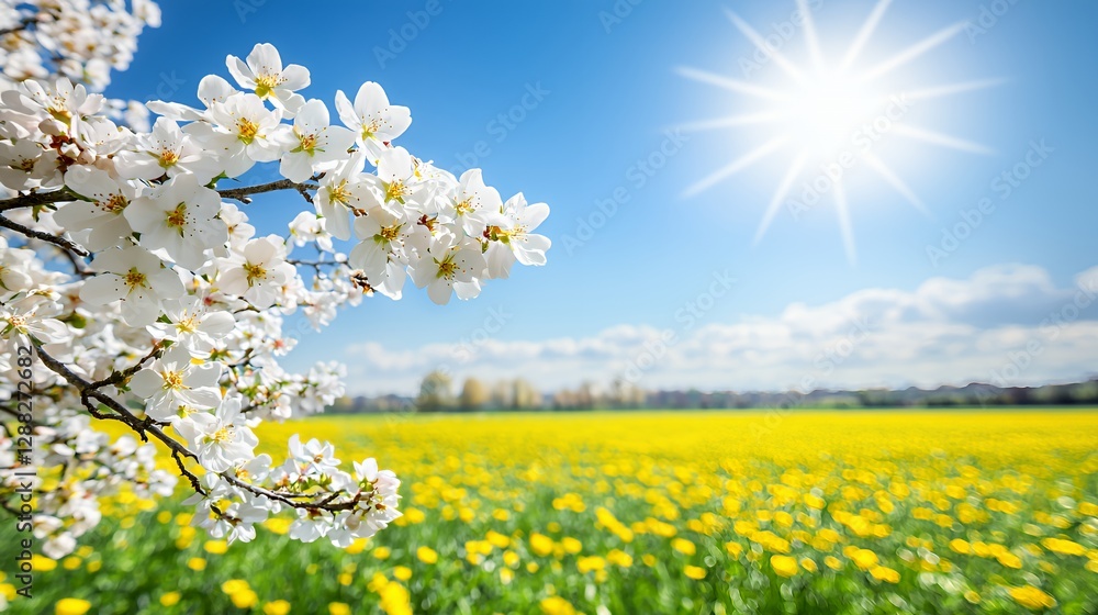 White Blossoms and Yellow Field under a Bright Spring Sun White Blossoms and Yellow Field under a Bright Spring Sun