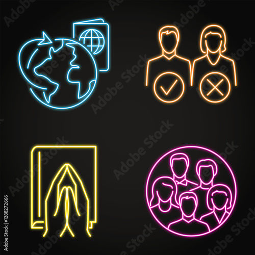 Religion and discrimination neon icon set