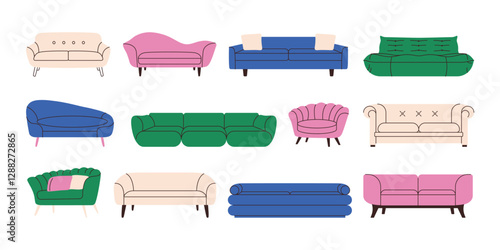 Cartoon sofas. Cozy sofa couch icons, modern furniture, comfortable lounge room divan with cushions upholstery, flat decorative furnished home interior elements. Vector set