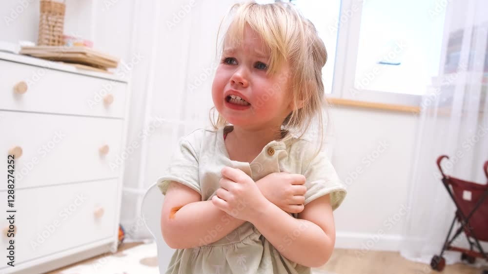 Little child girl cries and screams clutching her hand where she got hurt Little child girl cries and screams clutching her hand where she got hurt