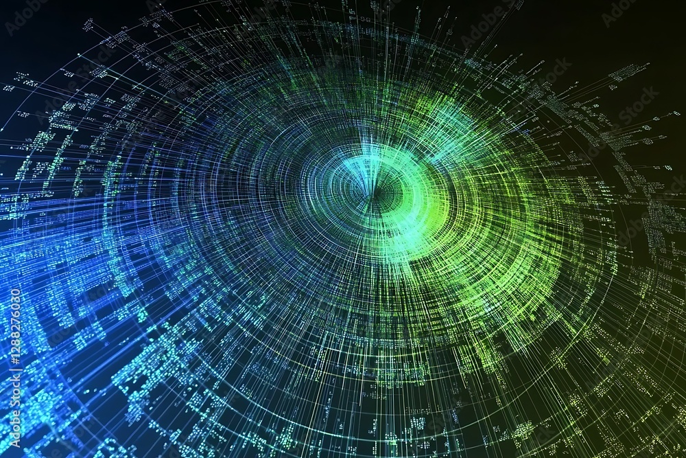 Abstract Futuristic Data Visualization: Swirling Green and Blue Digital Code Abstract Futuristic Data Visualization: Swirling Green and Blue Digital Code