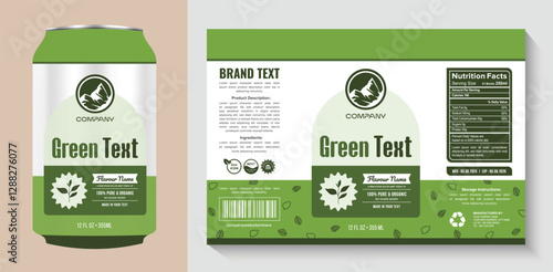 Modern green tea can premium natural beverage packaging label design with eco-friendly minimal typography, and organic food supplement herbal tea branding, and sustainable idea.